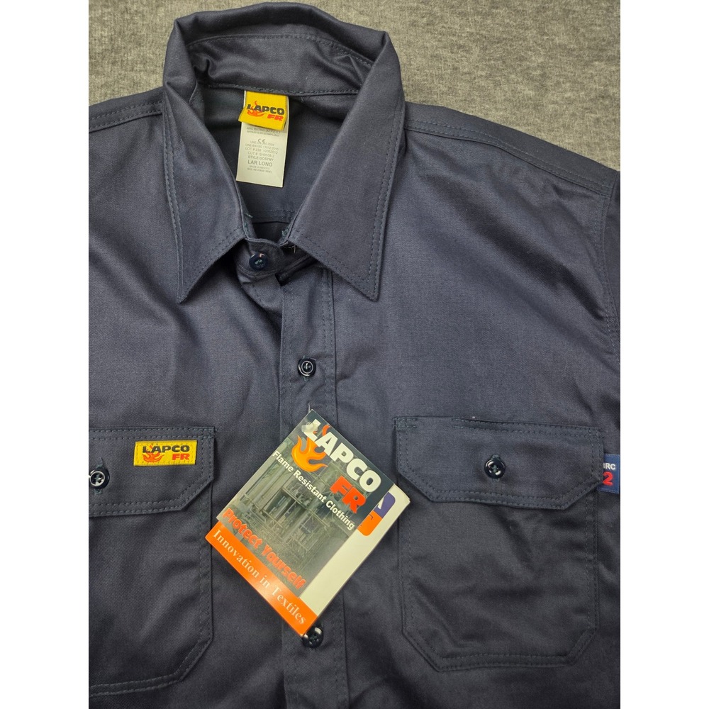 LAPCO FR Shirt Mens L Long Navy Blue Flame Resistant Workwear HRC 2 Sleeve 0109